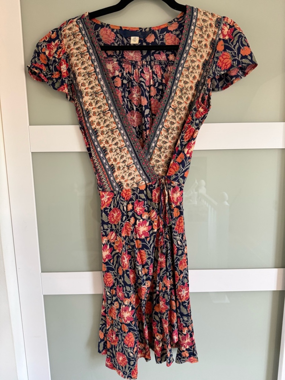 Floral V-Neck Wrap Dress in Navy and Coral